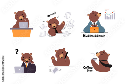 Bear Staff or Office Employee in Tie and Suit Vector Illustration Set