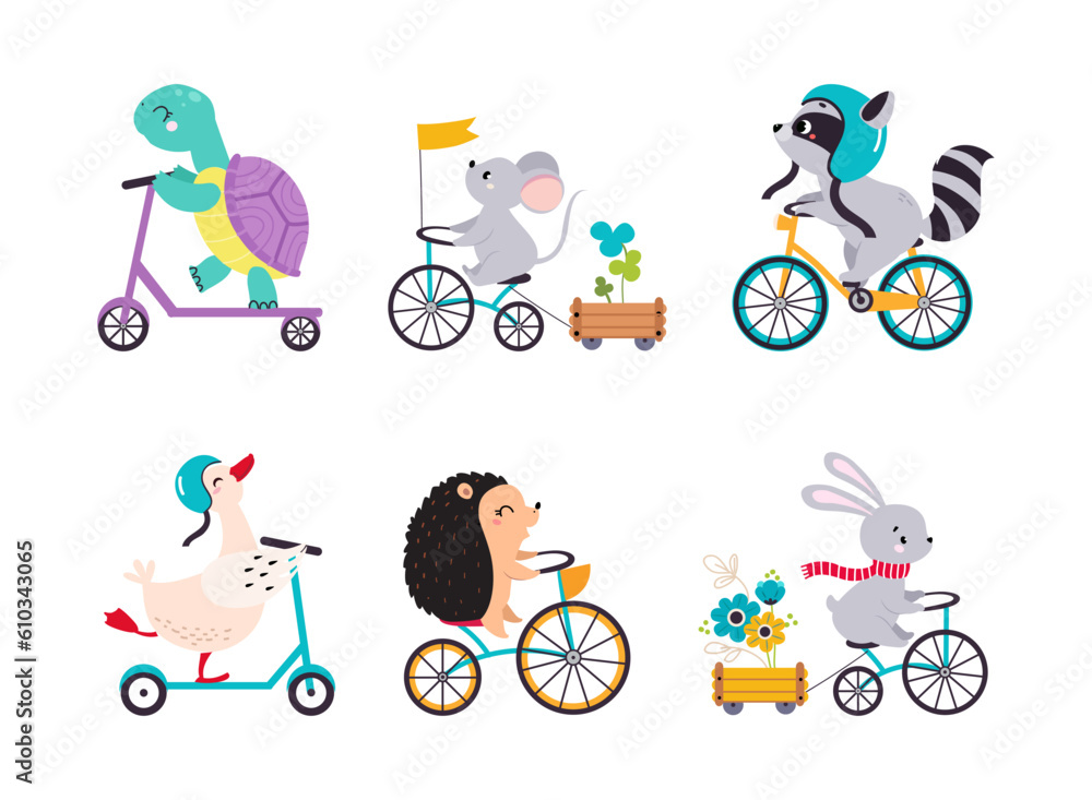 Cute Animal Riding Bicycle and Scooter Vector Illustration Set Cute Animal Riding Bicycle and Scooter Vector Illustration Set