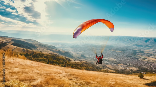 Man flying Back View the paragliding alone at sunny day, adventure concept photo