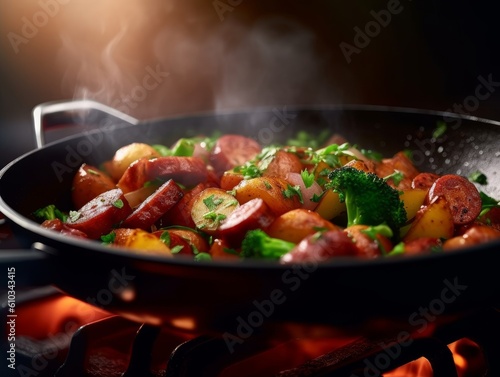 steaming skillet filled with chorizo and mixed vegetables