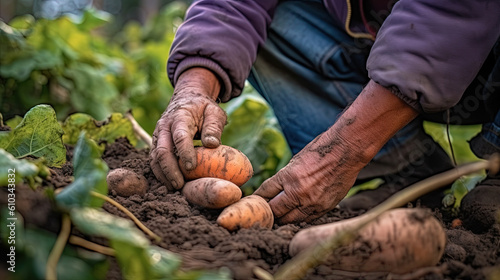 Farmer picking sweet potato, close up, no face.