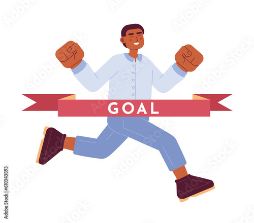 Young entrepreneur reaching goal flat concept vector spot illustration. Success business person 2D cartoon character on white for web UI design. Achieve success isolated editable creative hero image