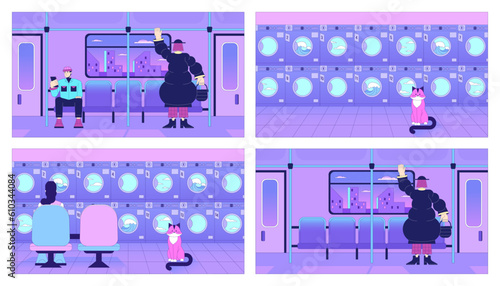 Rail travel, laundromat lo fi chill wallpaper set. Washing machines, train passengers 2D vector cartoon characters illustrations, vaporwave background. 80s retro album art pack, synthwave aesthetics