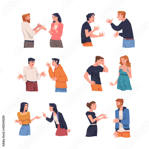 Angry Man and Woman Arguing Having Conflict with Each Other Vector Set