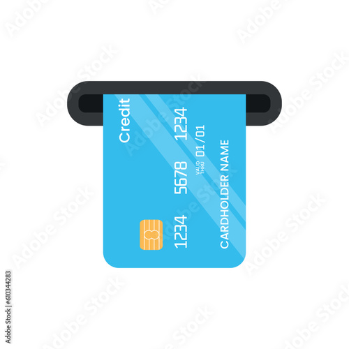 Inserting a credit card into an ATM. ATM dispenses credit card flat vector illustration isolated on white background