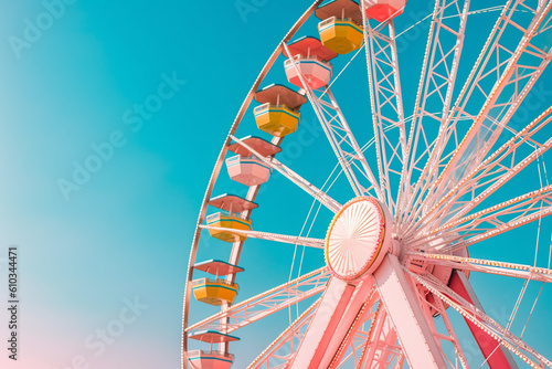 Close up detail of pastel colored ferris wheel created with generative AI tools