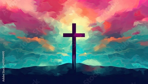 Spiritual illustration of a cross drawn with watercolors in the sky, representing the Christian and Catholic religion. Generative AI © Gelpi