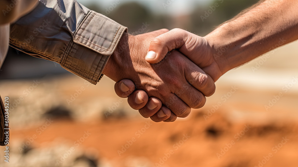 Close up of handshake in construction site. Employee or worker shake hands to employer man for greeting