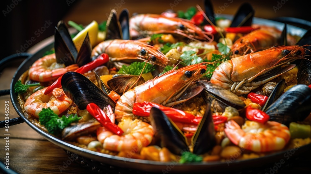 A closeup magazine quality shot of a traditional Spanish paella, insane details, food photography, editorial photography - generative AI A closeup magazine quality shot of a traditional Spanish paella, insane details, food photography, editorial photography - generative AI