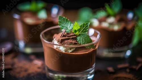 Belgian chocolate mousse garnished with shaved chocolate and a fresh mint leaf, insane details, food photography - generative AI