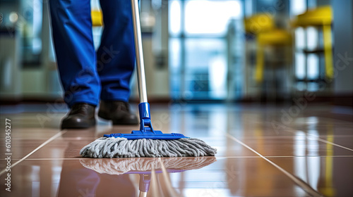 Cleaning service worker with mop in office closeup, Close up hand