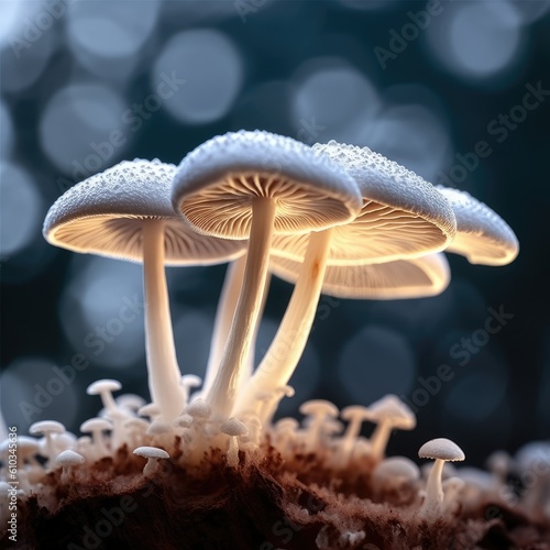 Low angle close up of a beautiful white mushroom, gorgeous shimmering lighting - generative AI