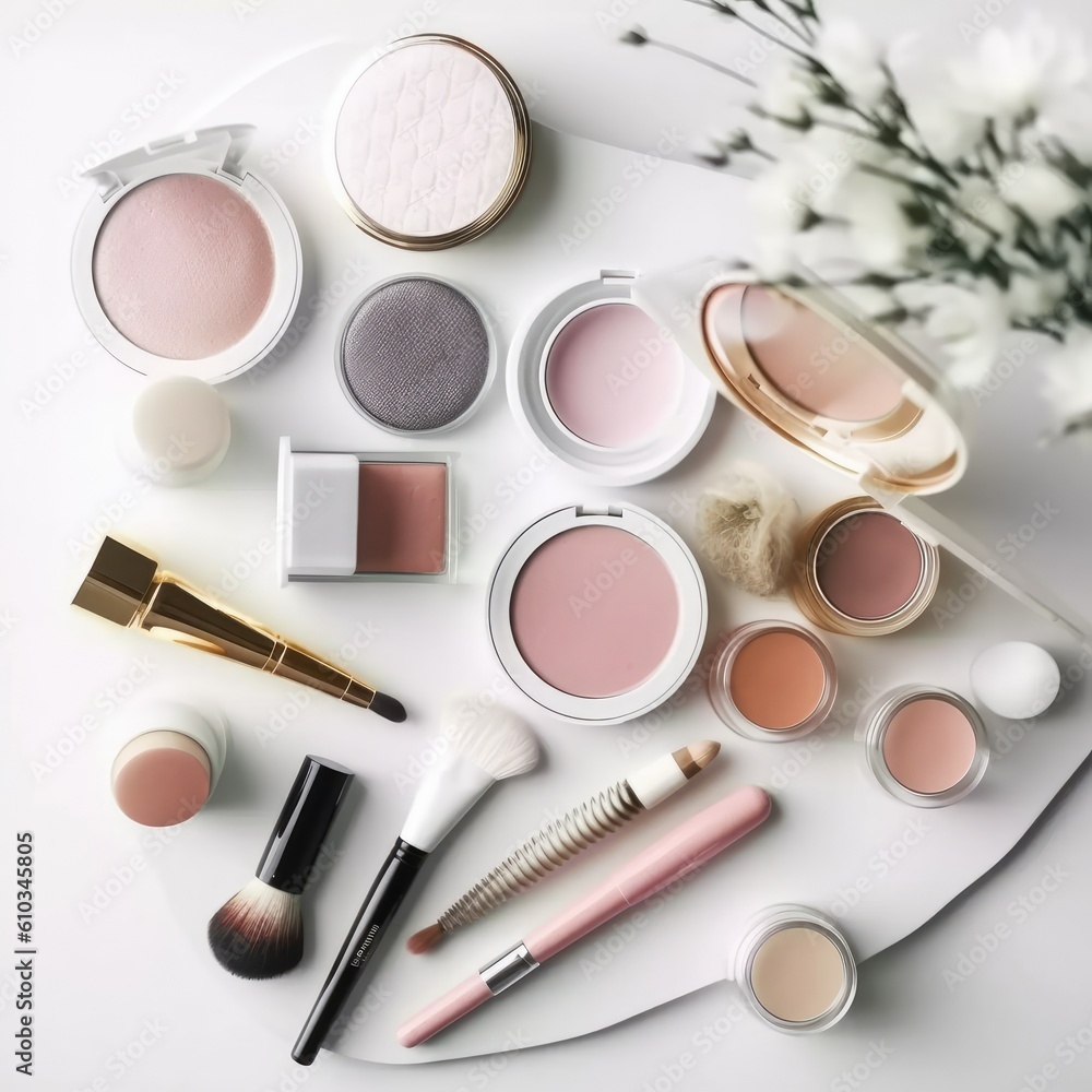 lipstic, compact powder, mascara, blush on, make up tools on the chic feminine white modern dressing desk, artistic, top view, realistic, vivid - generative AI lipstic, compact powder, mascara, blush on, make up tools on the chic feminine white modern dressing desk, artistic, top view, realistic, vivid - generative AI