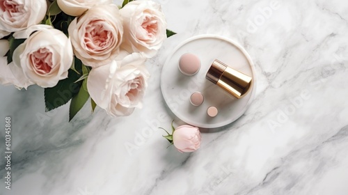 stock photo of lipstic make up tools on the chic feminine white modern desk, with roses in a vase, artistic, top view, realistic, vivid, without text - generative AI
