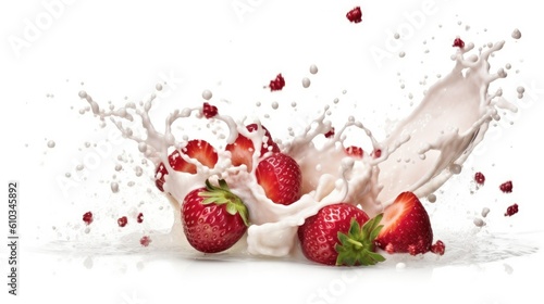stock photo of milk or yogurt splash with strawberries isolated on white background, without text - generative AI