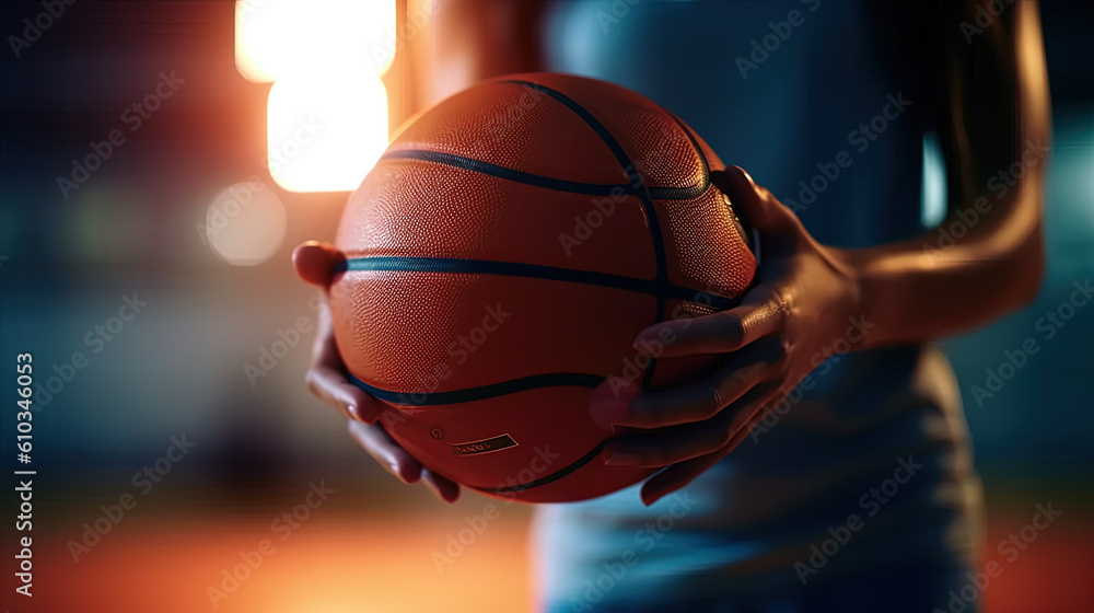 Close-up Hand of sports woman, No face, bouncing basketball ball training on ground floor of the court