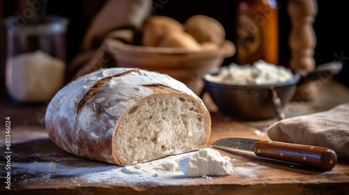 freshly baked sourdough bread loaf surrounded by flour and bread-making tools on a rustic wooden table