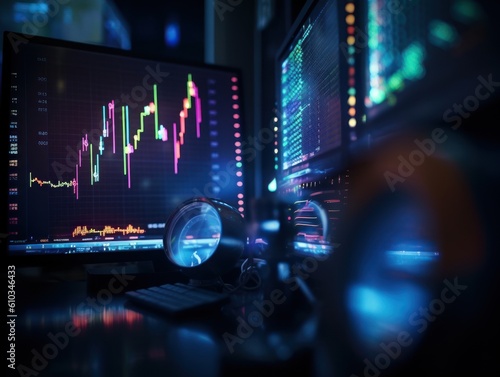 Traders workplace Financial instruments with various type of indicators on screens Created with Generative AI technology