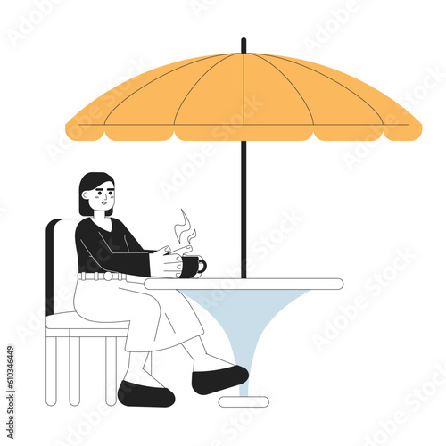 Young woman with coffee cup at outdoor street cafe flat vector cartoon outline character. Coffee break spot illustration. Full body person isolated. Editable 2D black and white drawing, graphic design