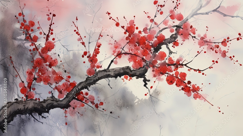 ink painting illustration style, cherry blossom branch, Generative Ai