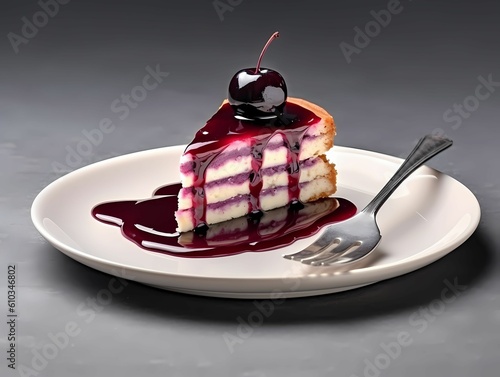 cheseecake with cherry on white plate photo