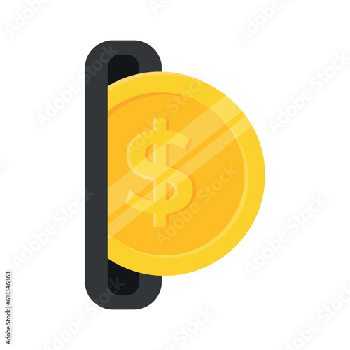 The coin is inserted into the coin slot. Coin being inserted into slot machine or vending machine flat vector illustration isolated on white background. Coin slot icon, arcade, casino, vending machine
