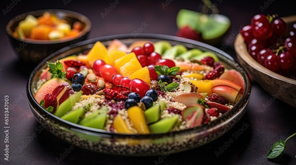 top view close up mix fresh berries and fruits salad, Generative Ai