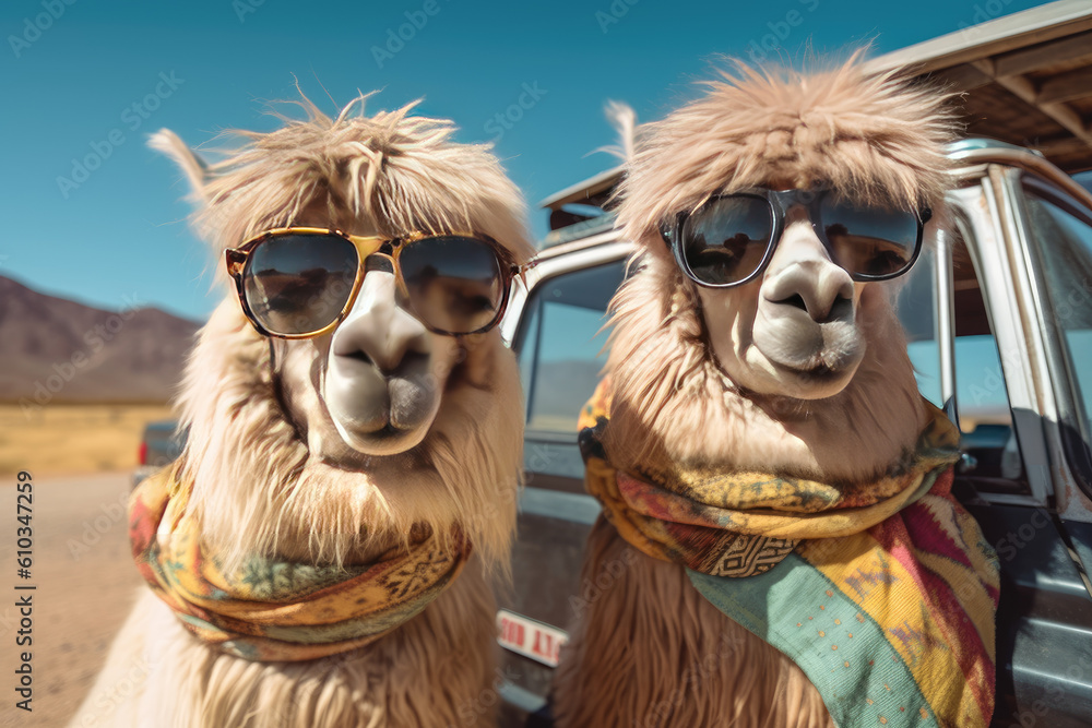 Funny illustration of two lamas wearing sunglasses in front of a vintage car Funny illustration of two lamas wearing sunglasses in front of a vintage car