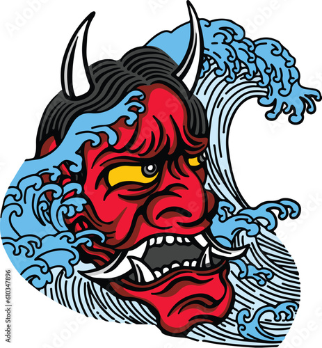 tattoo and t-shirt design colored  hand drawn oni or hannya mask japanese illustration vector