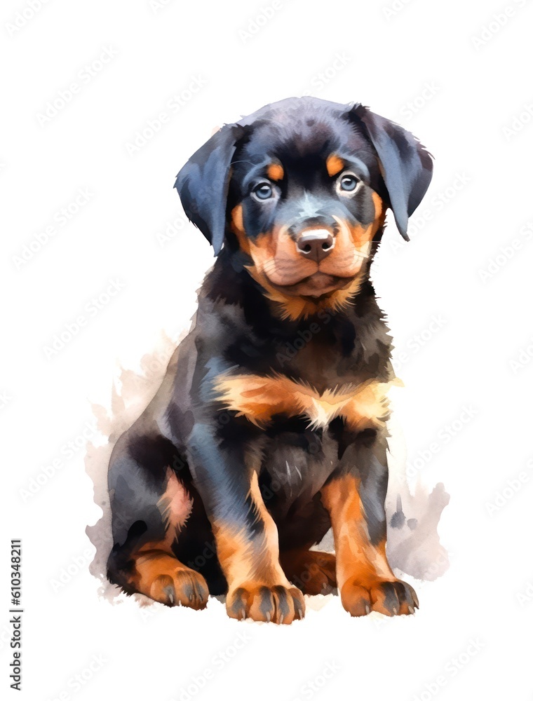 Watercolor cartoon illustration of a cute Rottweiler puppy on white background. Generative AI.