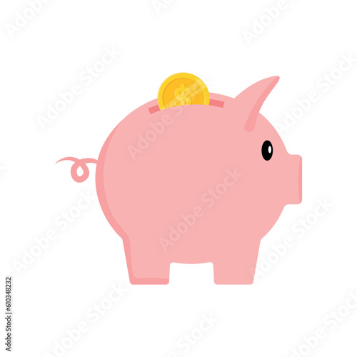 Piggy bank with golden dollar. Coin falling into piggy bank flat vector illustration isolated on white background