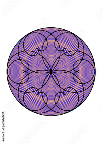 kreisfläche gefüllt mit einen rotationssymmetrische muster aus geschwungenen linie in form einer blütenförmigen rosette mit einem violett schillerndem untergrund