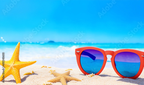 Sand beach sunglasses and starfish in summer from Generative AI