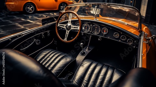 Black leather interior of a sports orange car