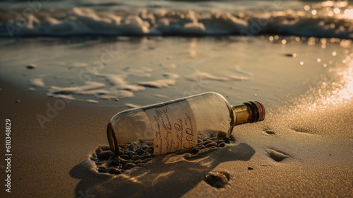 a glass bottle on a beach by the sea. messages and letters. Generative AI