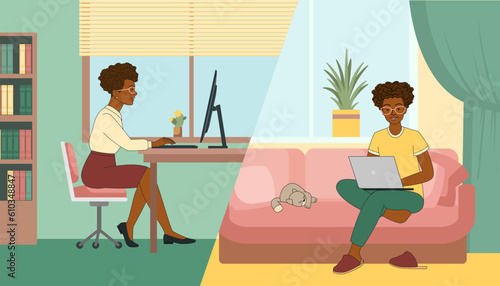 Business dark-skinned woman at a hybrid job sits at a table between office and home cozy environment, vector illustration in flat cartoon style photo