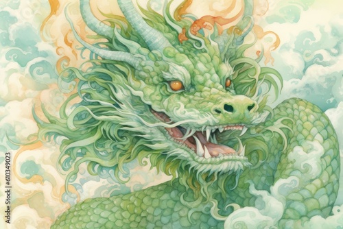 A watercolor print featuring an Asian inspired green dragon, adorned with intricate patterns and delicate brushstrokes