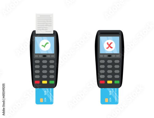 Concept of approved and refused credit card payment POS terminal. Payment using a credit card machine, approved and declined payment