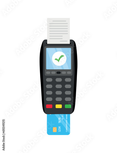 Concept of approved credit card payment POS terminal. Payment using a credit card machine, confirmed payment