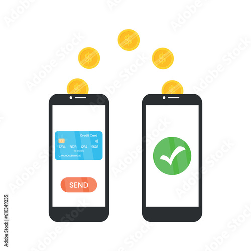 The concept of an approved online transfer from a credit card. A phone with a credit card and a send button on the screen transfers gold coins to another phone with a green checkmark icon