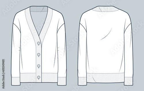 Button down Cardigan technical fashion illustration. Sweatshirt fashion flat technical drawing template, v neck, long sleeve, front and back view, white, women, men, unisex CAD mockup.