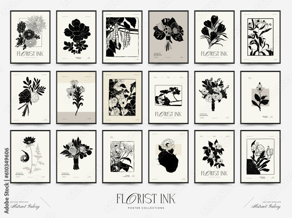 Abstract floral posters template. Modern Botanical trendy black style. Vintage flowers. Ink wall art. Abstract floral posters template. Modern Botanical trendy black style. Vintage flowers. Ink wall art.