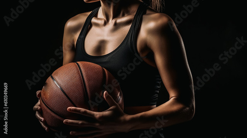 Fit athletic female basketball player holding ball close up, torso only with no face visible.