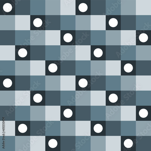 Cute vector seamless pattern. Decorative element, design template with grey squares shade and white dots. Background, texture with pastel theme