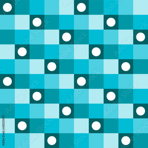 Cute vector seamless pattern. Decorative element, design template with ocean blue squares shade and white dots. Background, texture with pastel theme