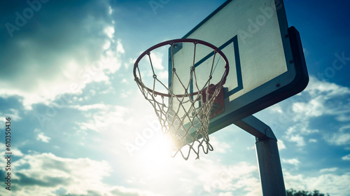 Outdoor basketball ring in bright afternoon sunlight