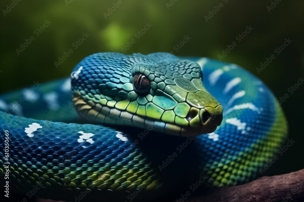 Cobalt Viper A sleek and agile reptile, its cobalt blue scales shimmering in the sunlight, evoking a sense of mystery and intrigue. generative AI. Cobalt Viper A sleek and agile reptile, its cobalt blue scales shimmering in the sunlight, evoking a sense of mystery and intrigue. generative AI.