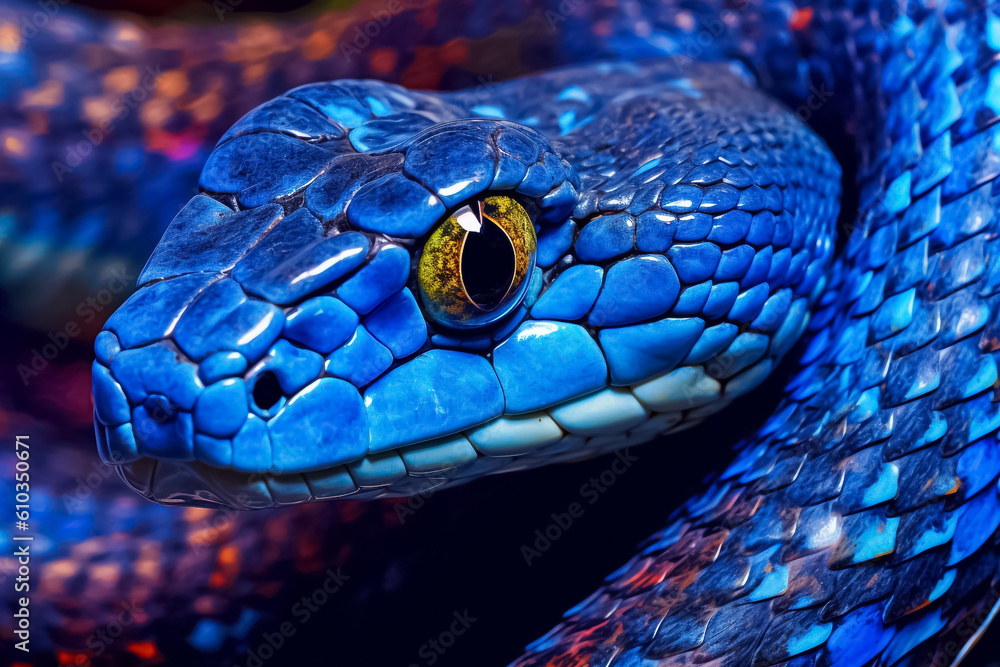 Cobalt Viper A sleek and agile reptile, its cobalt blue scales shimmering in the sunlight, evoking a sense of mystery and intrigue. generative AI. Cobalt Viper A sleek and agile reptile, its cobalt blue scales shimmering in the sunlight, evoking a sense of mystery and intrigue. generative AI.