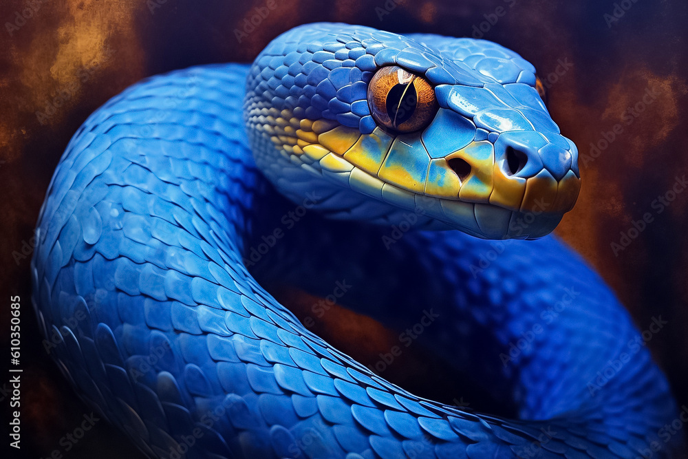 Fototapeta premium Cobalt Viper A sleek and agile reptile, its cobalt blue scales shimmering in the sunlight, evoking a sense of mystery and intrigue. generative AI.