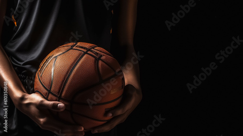 Close up photo of a basketball held by an athletic player. Dark setting, no face visible. © Caseyjadew